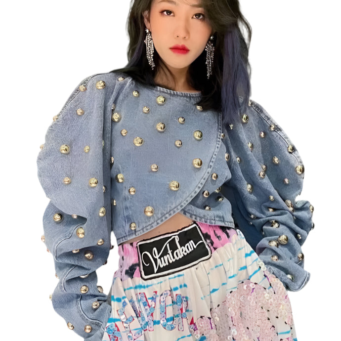 Studded Puff Sleeve Denim Top-Modern Baby Las Vegas