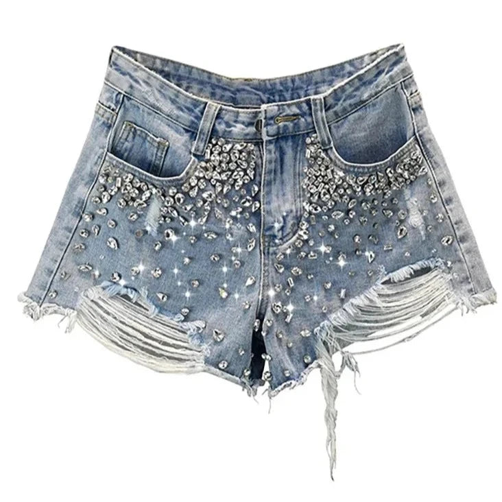 Distressed Diamond Denim Shorts