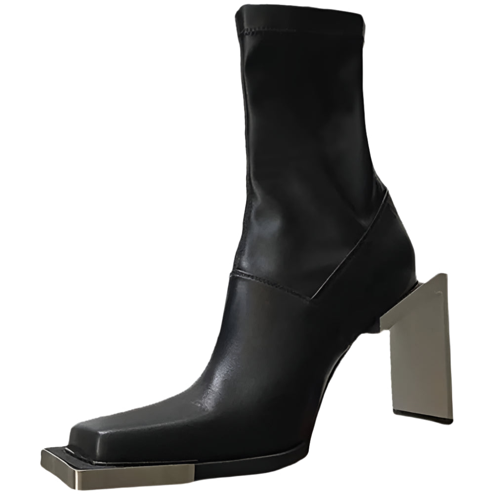 Luxury Metal Square Heel Leather Boots