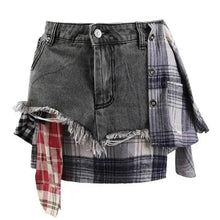 Load image into Gallery viewer, Plaid Patch Denim Skirt

