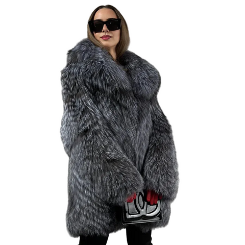 Natural Striped Silver Fox Fur Coat