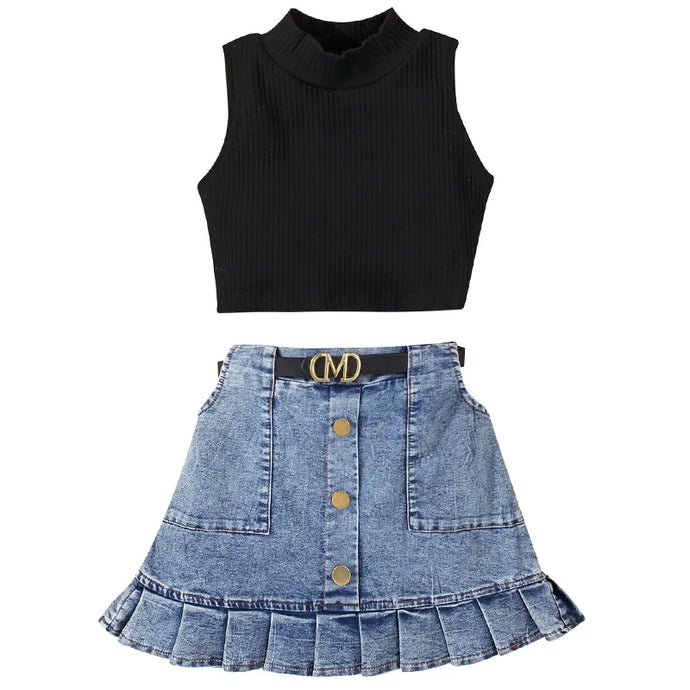 Bottom Pleated Denim Skirt Set | Modern Baby Las Vegas