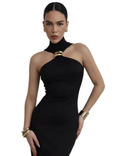 Load image into Gallery viewer, Turtleneck Gold Accent Maxi Dress
