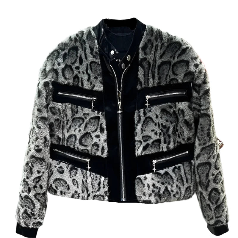 Leopard Fur Print Zipper Jacket