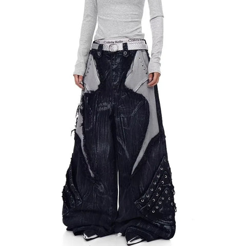 Patch Grommet Wide Leg Denim Jeans