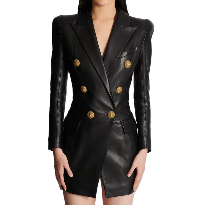 Gold Button Leather Blazer Dress-Modern Baby Las Vegas