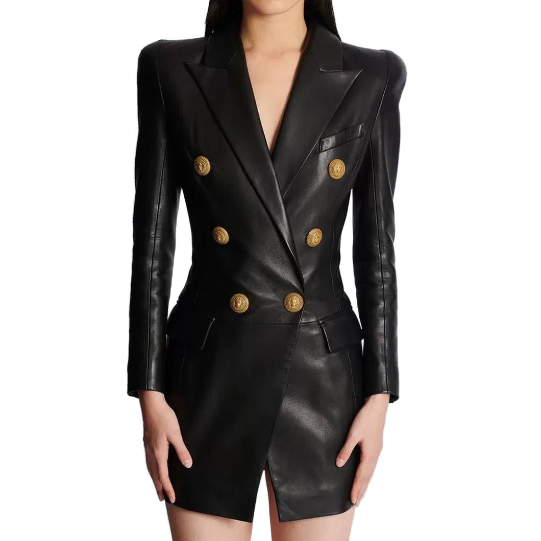 Gold Button Leather Blazer Dress-Modern Baby Las Vegas