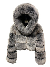 Load image into Gallery viewer, Grey Ribbed Fur Hooded Cropped Coat
