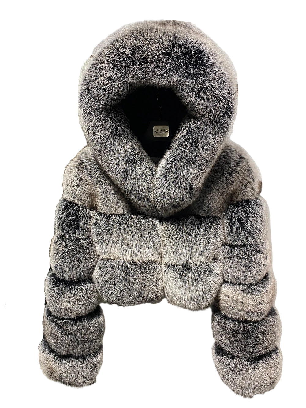 Grey Ribbed Fur Hooded Cropped Coat