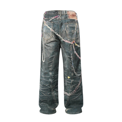 Colored Chain Print Washed Baggy Jeans-Modern Baby Las Vegas