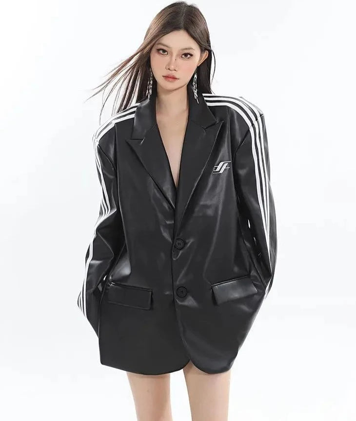 Striped Leather Blazer Jacket