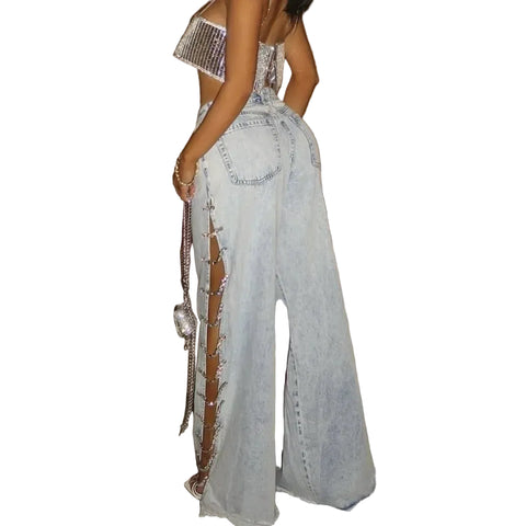 Wide Leg Hollow Out Diamond Pants