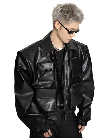 Multi-Pocket Short Leather Jacket-Modern Baby Las Vegas
