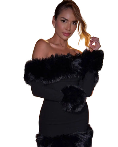 Off The Shoulder Fur Mini Dress