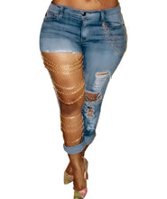 Load image into Gallery viewer, One-Sided Ripped Chain Denim Jeans
