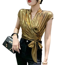 Load image into Gallery viewer, Metallic Ruched Wrap Top
