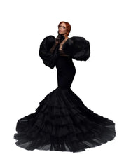 Load image into Gallery viewer, Black Puff Sleeve Mermaid Maternity Gown
