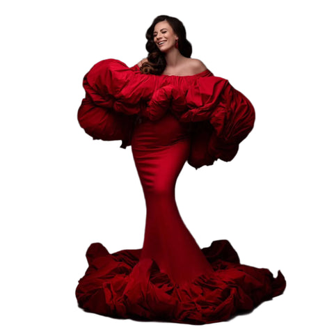 Red Ruched Mermaid Maternity Gown-Modern Baby Las Vegas