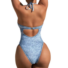 Load image into Gallery viewer, Silver Accent Hollow Out Denim Print Swimsuit
