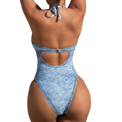Silver Accent Hollow Out Denim Print Swimsuit