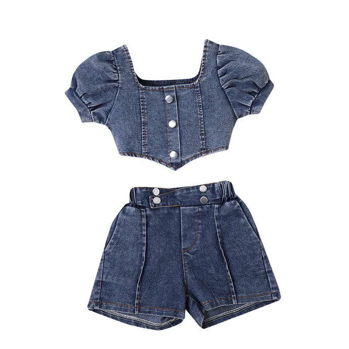 Puffer Sleeve Denim Shorts Set | Modern Baby Las Vegas