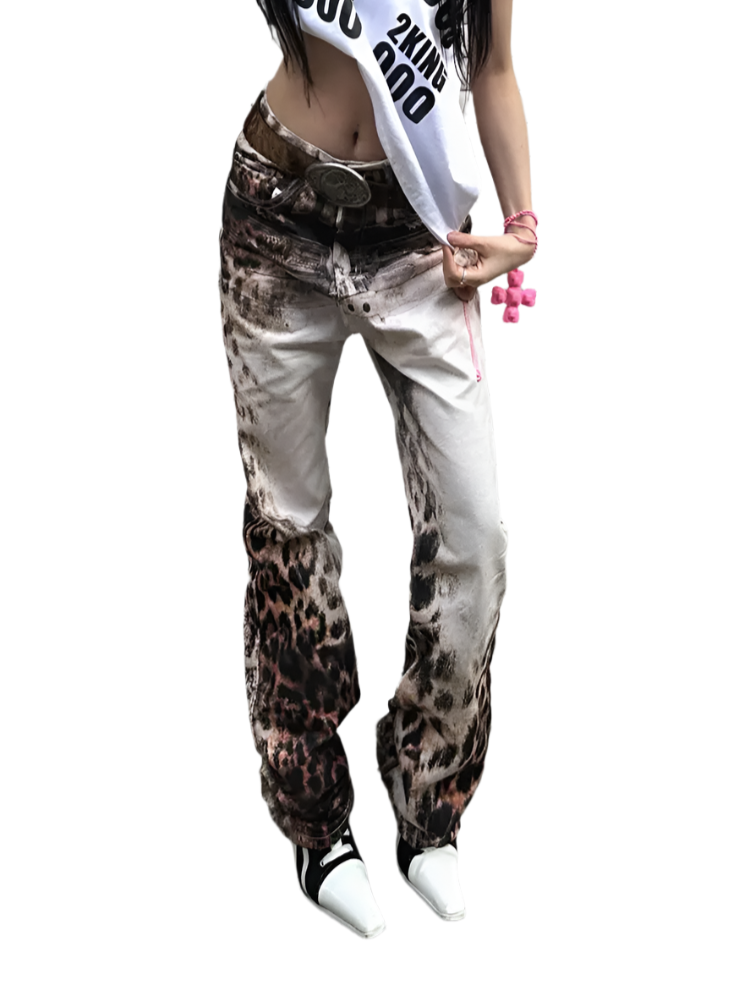 Gradient Patch Leopard Print Jeans