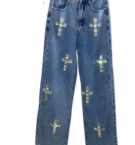 Blue Crystal Rhinestone Denim Pants-Modern Baby Las Vegas