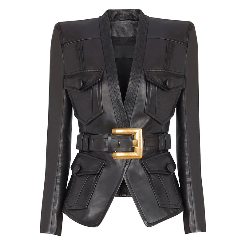 Belted Patch Leather Jacket