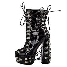 Load image into Gallery viewer, Patent Leather Metal Accent Lace-Up Boots
