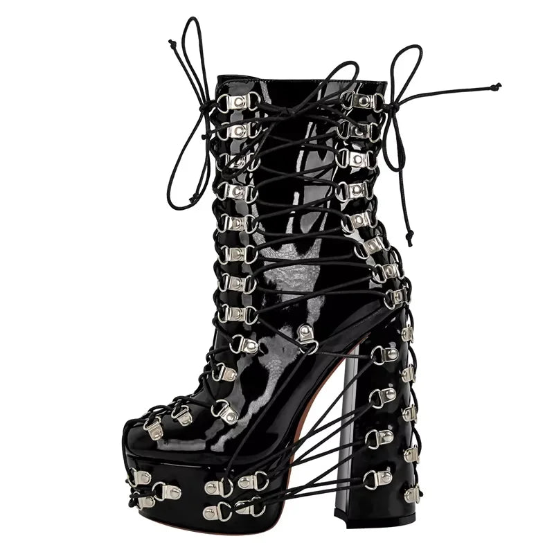 Patent Leather Metal Accent Lace-Up Boots