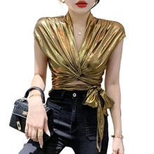 Load image into Gallery viewer, Metallic Ruched Wrap Top
