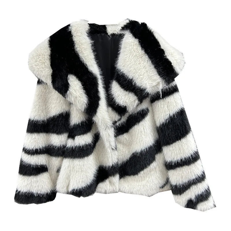 Short Zebra Print Fur Coat