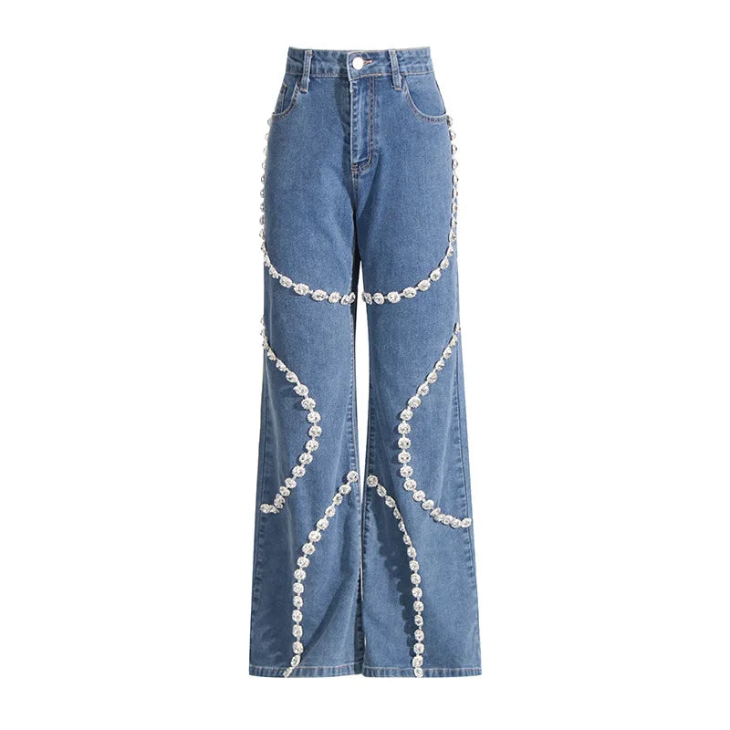 Swirl Crystal Straight Leg Denim Jeans