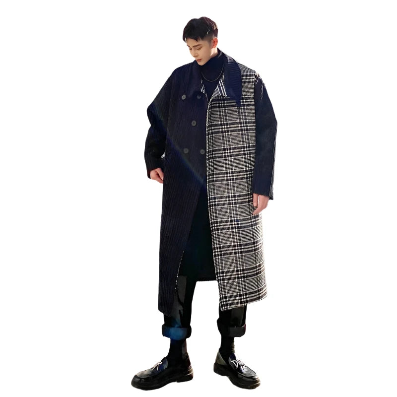 Long Corduroy Patch Plaid Coat