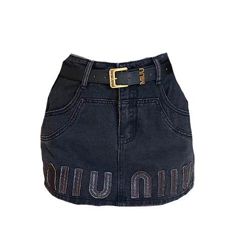 Brown Letter Denim Skirt