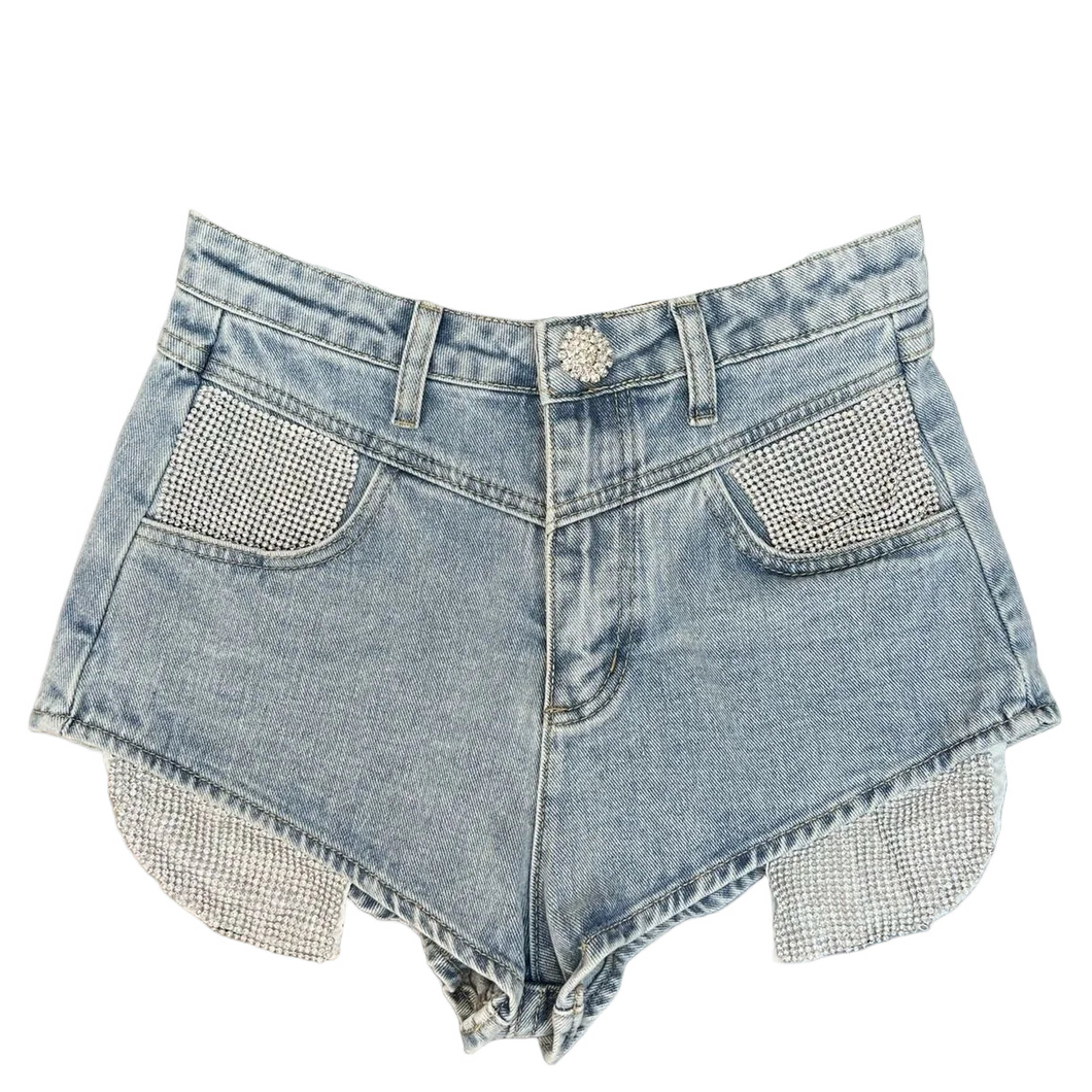Pop Out Mesh Crystal Denim Shorts