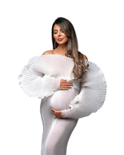 Load image into Gallery viewer, White Puff Sleeve Pleated Maternity Dress
