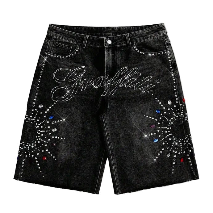 Black Crystal Graffiti Denim Shorts-Modern Baby Las Vegas