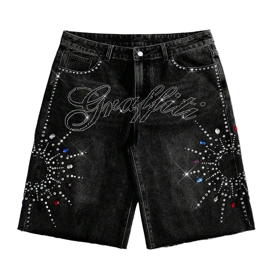 Black Crystal Graffiti Denim Shorts-Modern Baby Las Vegas