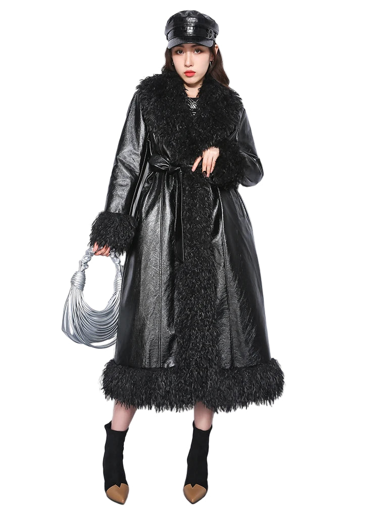 Belted Fur Leather Coat