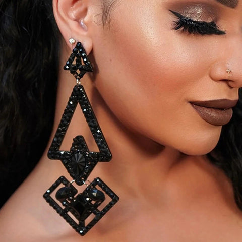 Black Rhinestone Drop Triangular Earrings-Modern Baby Las Vegas