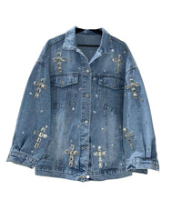 Load image into Gallery viewer, Blue Rhinestone Cross Denim Jacket
