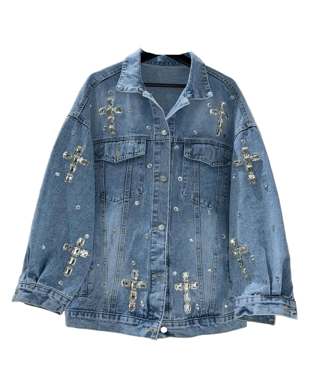Blue Rhinestone Cross Denim Jacket