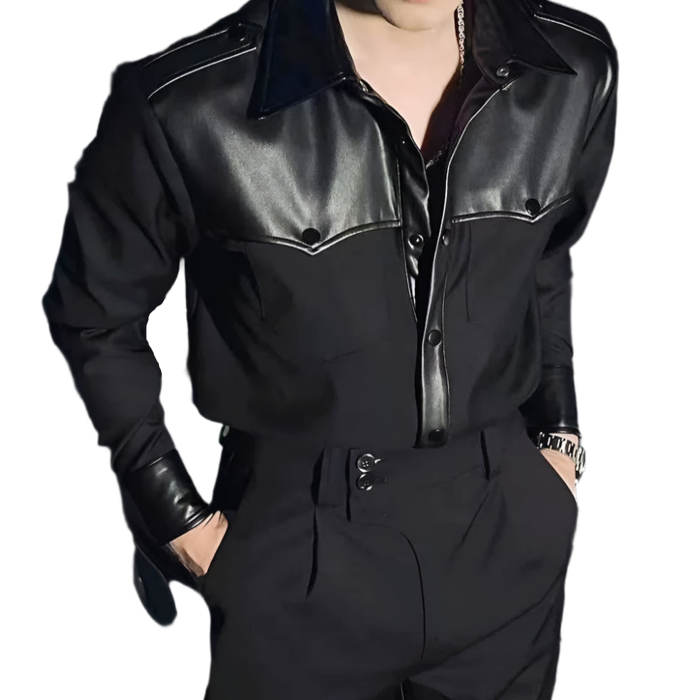 A person wearing a black leather jacket and pants 