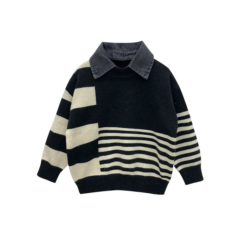 Patch Denim Striped Sweater