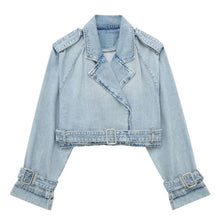 Load image into Gallery viewer, Cropped Buckle Denim Jacket
