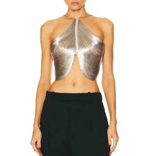 Load image into Gallery viewer, Metallic Drape Tassel Halter Top
