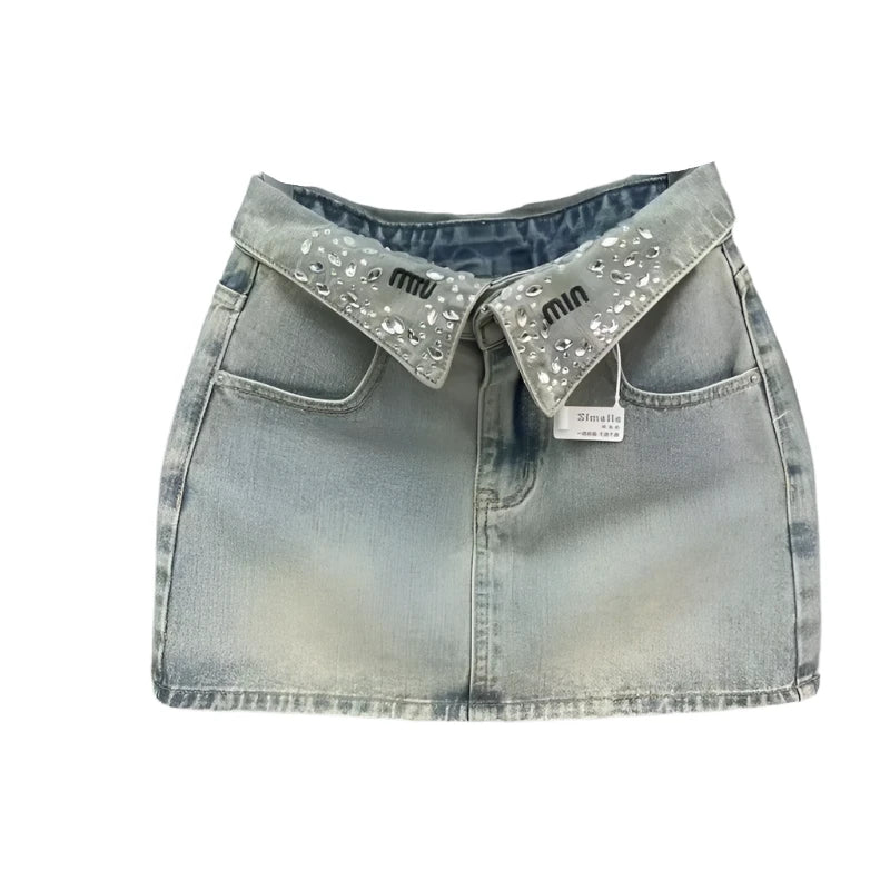 Crystal Folded Denim Skirt