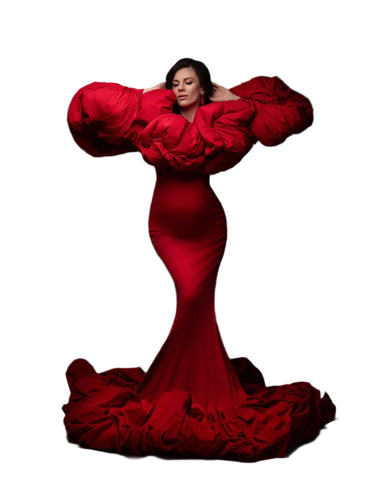 Red Ruched Mermaid Maternity Gown-Modern Baby Las Vegas