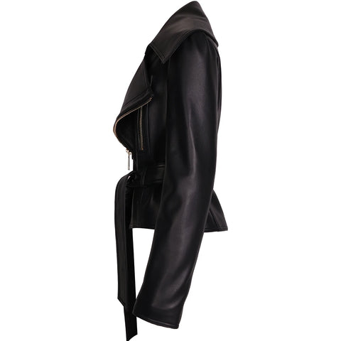 Zipper Belted Leather Jacket-Modern Baby Las Vegas